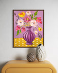 Stylised flower in vase painting mauve and mustard, framed in oak above yellow drawers