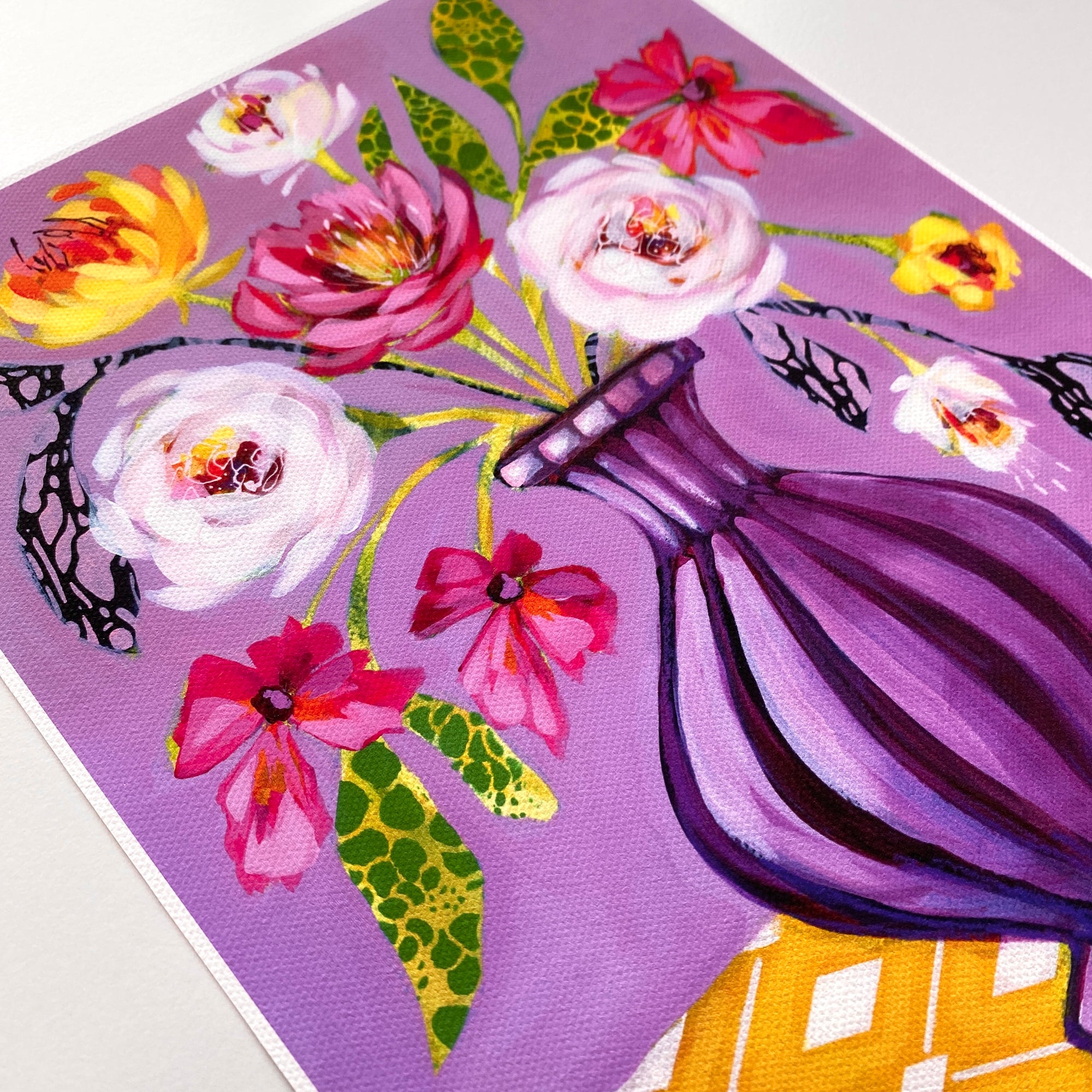 Canvas print of stylised flowers in vase mauve and mustard with intricate fine line details
